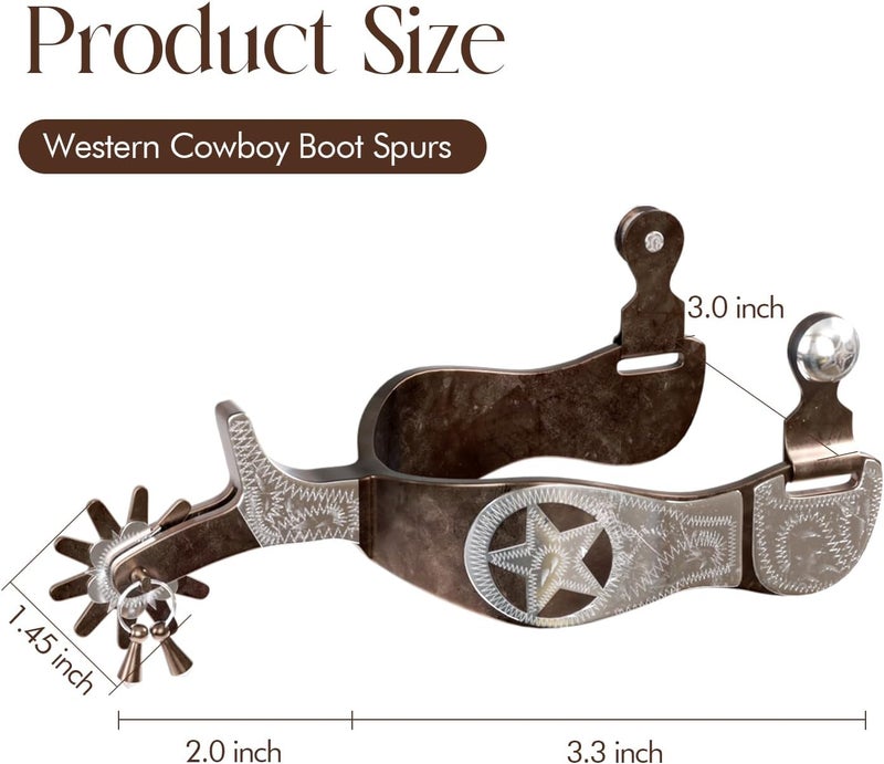EQUSPUR Western Cowboy Spurs, 1 Pair Horse Spurs with Rowels, Antique Horse Boot Spurs with Hand-Carved Decoration for Adult Equestrian, Men Women - Image 2